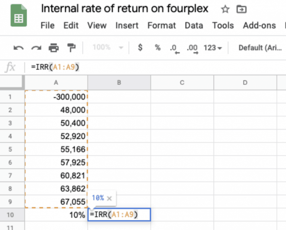 irr google sheets formula